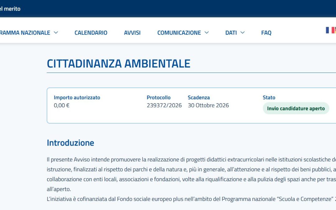 Programma Nazionale PN Scuola e competenze FESR FSE+ 2021-2027 – Obiettivo specifico ESO4.6 – Avviso pubblico per la realizzazione di progetti didattici per promuovere, nell’ambito delle attività di educazione civica e di cittadinanza, il rispetto dei parchi, della natura. Comunicazione pubblicazione Avviso